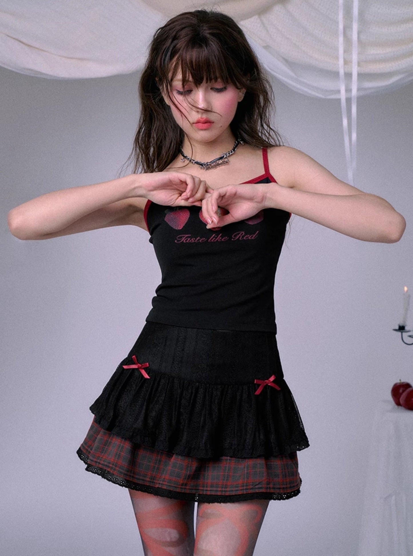 Asian Girl Red Plaid Skirt