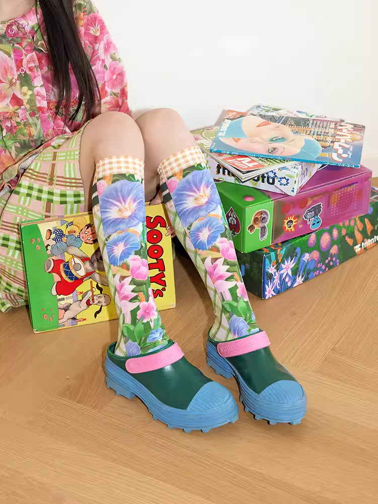 Flower plaid print socks