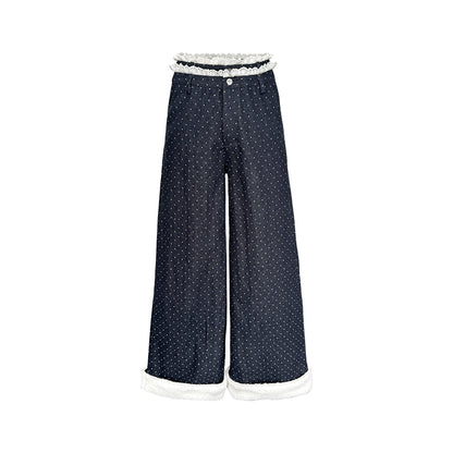 Blue Polka Dot Wide-Leg Jeans Pants