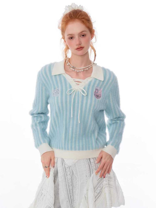 Striped polo collar sweater