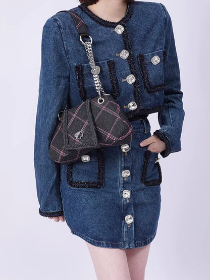 Plaid denim shoulder bag