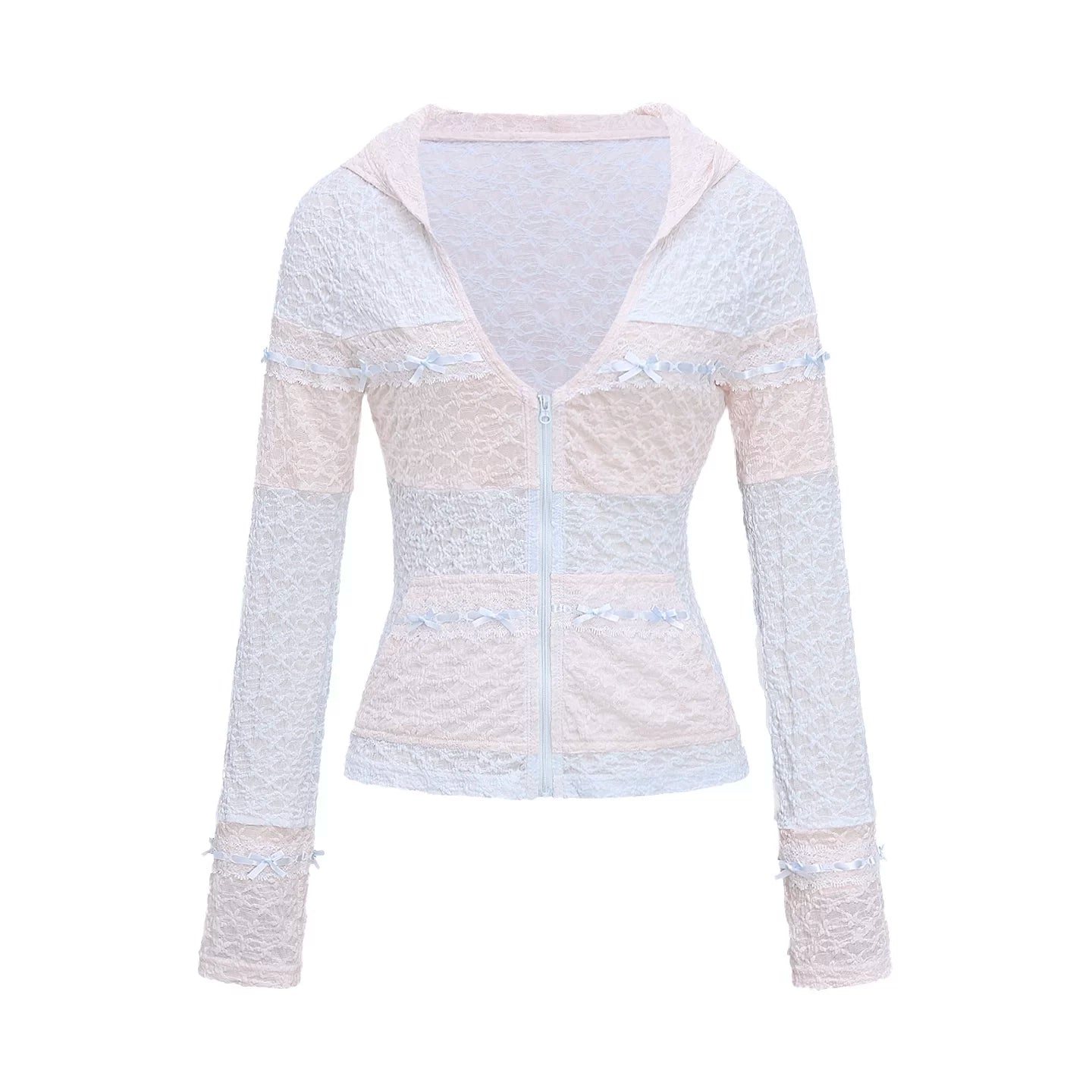 Blau-pinke Spitzenbluse mit Kapuze