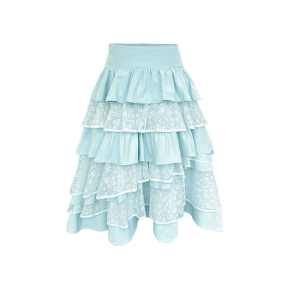 Mint Blue Lace Patchwork Puffy Skirt
