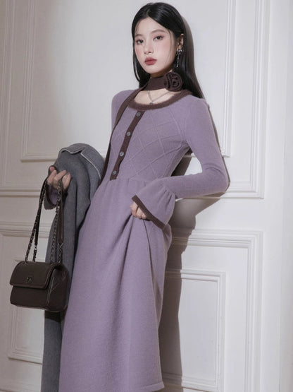 Brown U-Neck Diamond Wool Dress