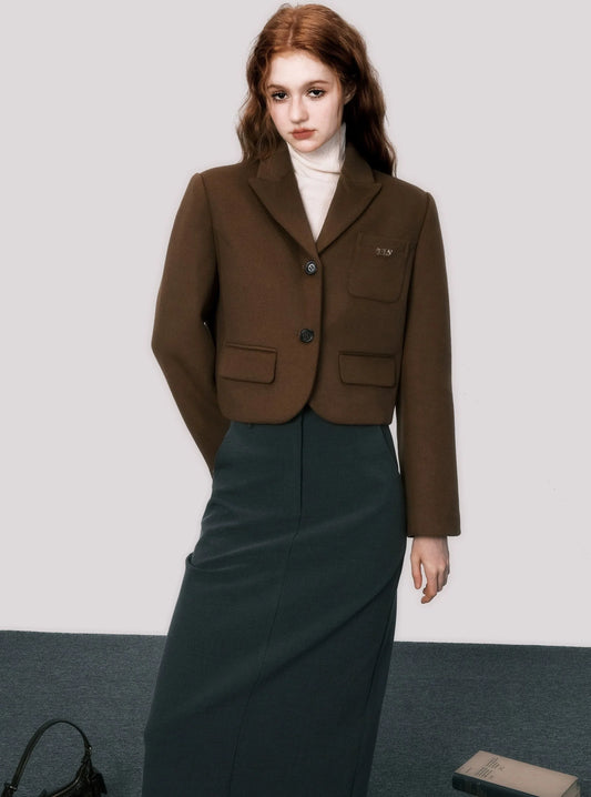 Maillard vintage brown cropped wool blazer coat