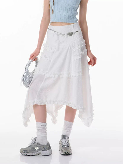 High waist slim lace white skirt