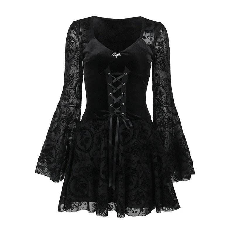 Retro Long Sleeve Velvet Black Dress