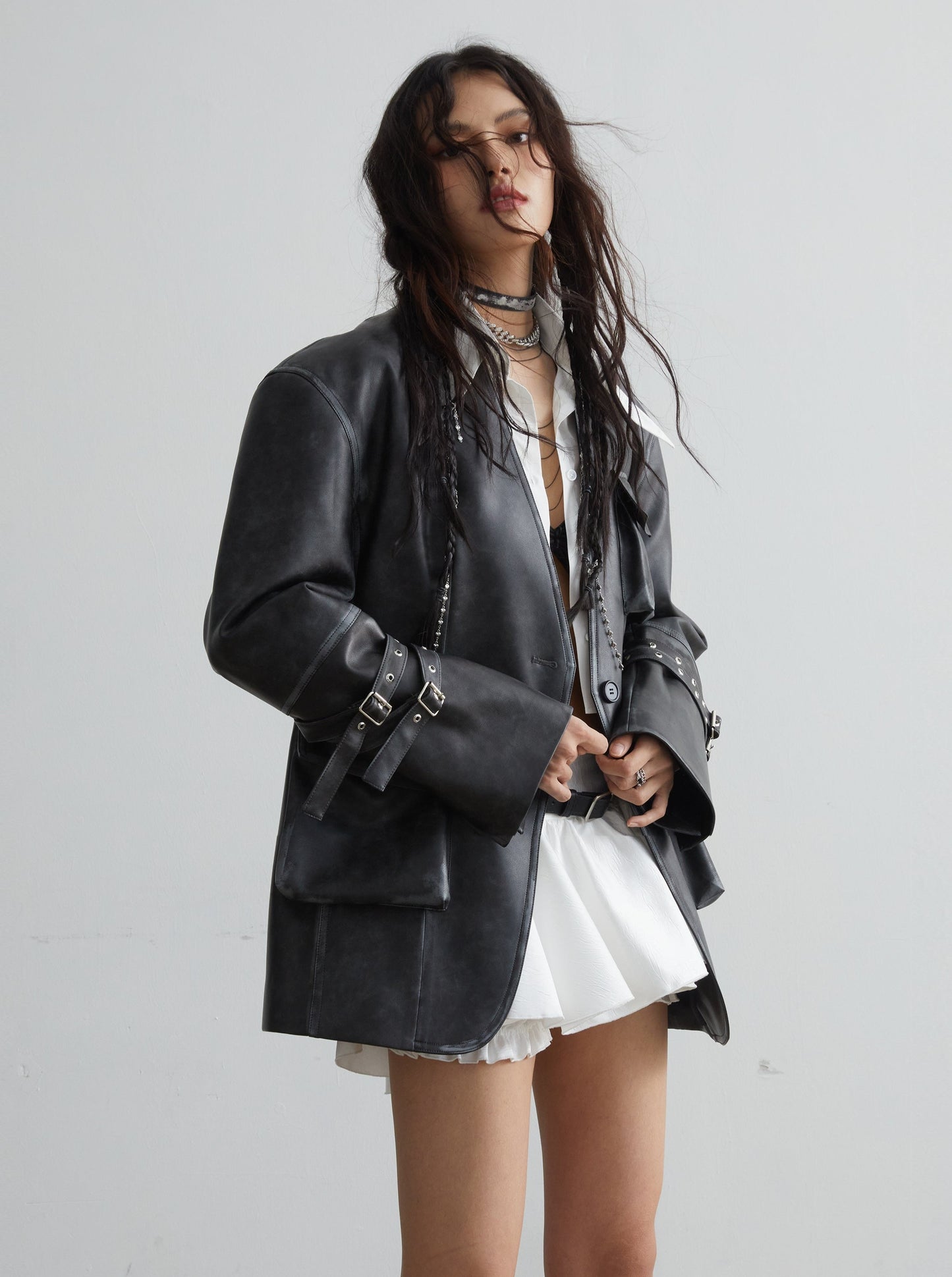 Vintage imitation pocket leather jacket