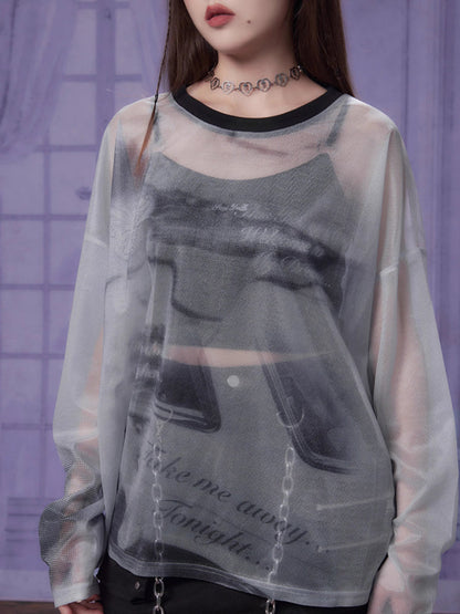 Printed mesh long sleeve T-shirt