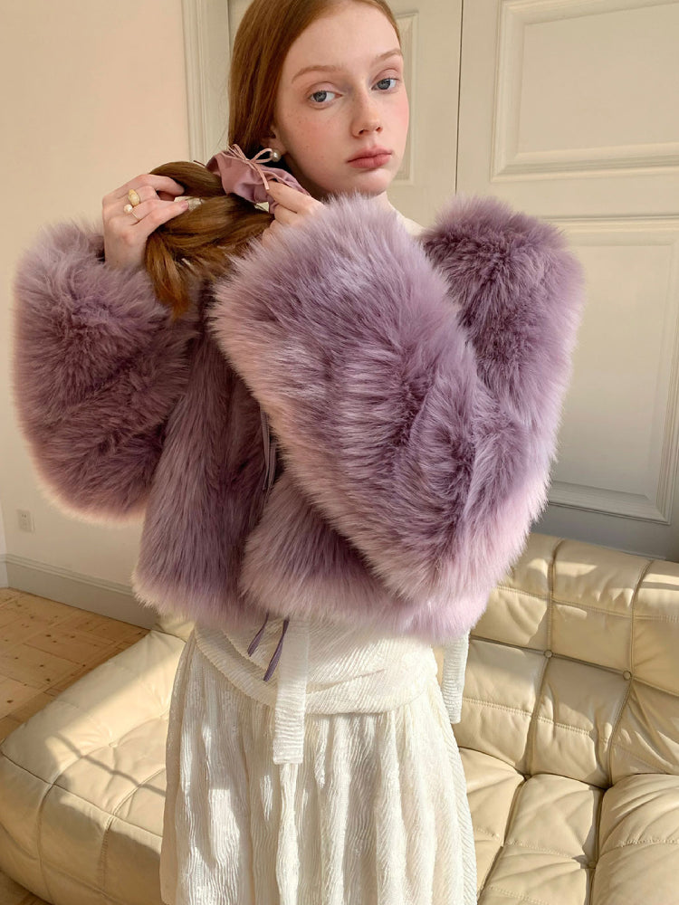 Thick leather ribbon fur coat