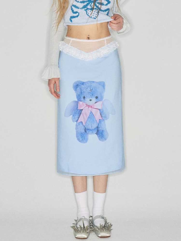 Bear print straight skirt