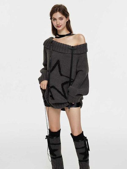 One-shoulder wool sweater and leg warmers