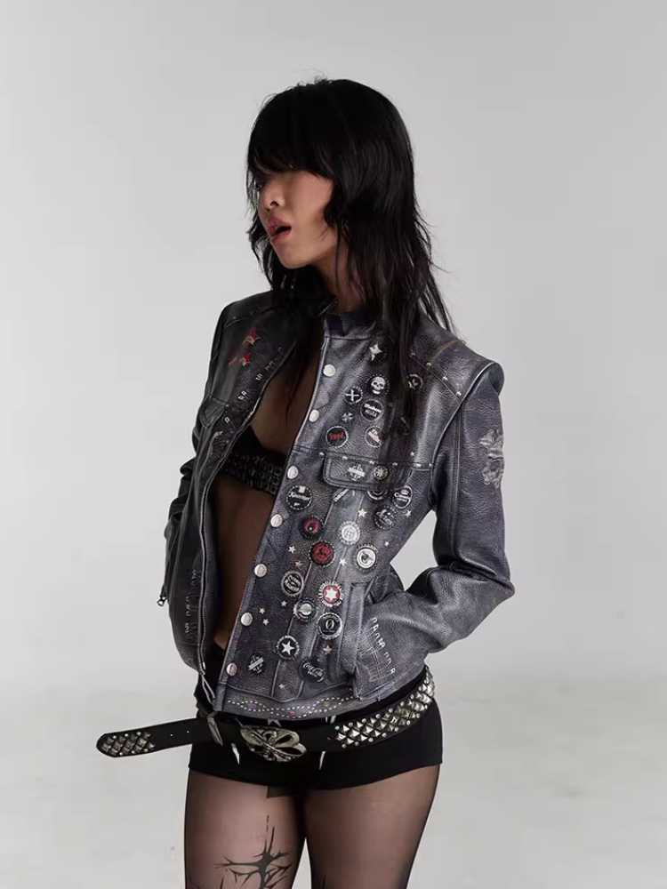 Retro distressed punk leather jacket