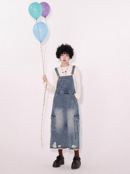 Loose denim suspender skirt