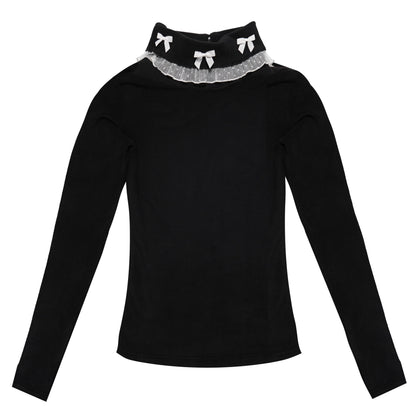 Solid Color Bow Lace Turtleneck Shirt