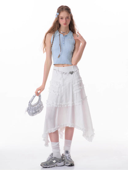 High waist slim lace white skirt