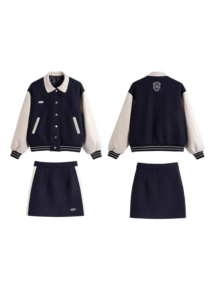 American baseball uniform woolen coat skirt set