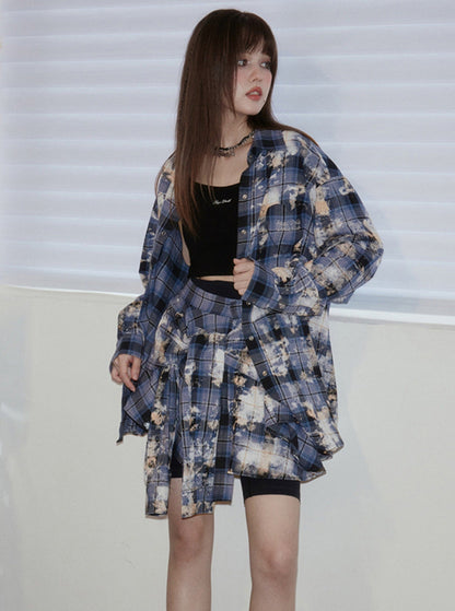 Black Cycling Pants And Layering Blue Checkered Skirt