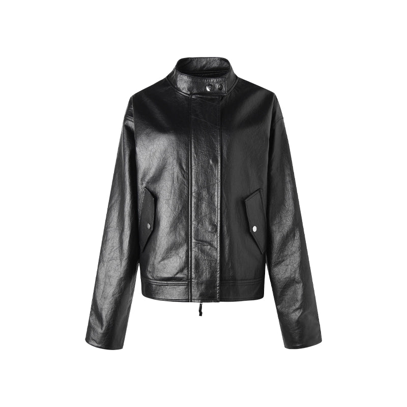 Stand-Up Pleated Leather Jacket