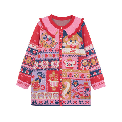 Rot-Marineblaue Jacquard-Strickjacke