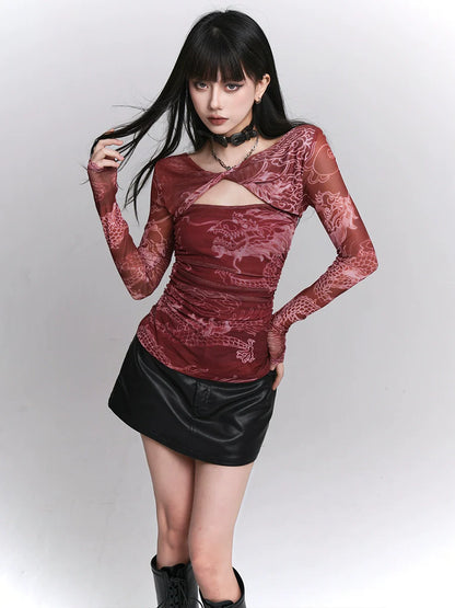 Chinese Style Red Waist Cinched Sweet Top