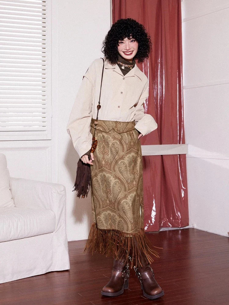 Red brown fringe skirt