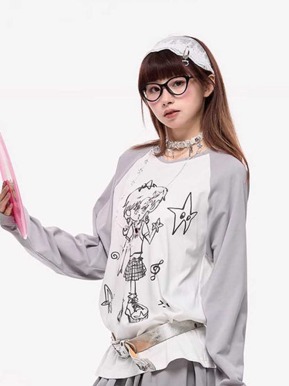 Hand-drawn girly print long-sleeved T-shirt