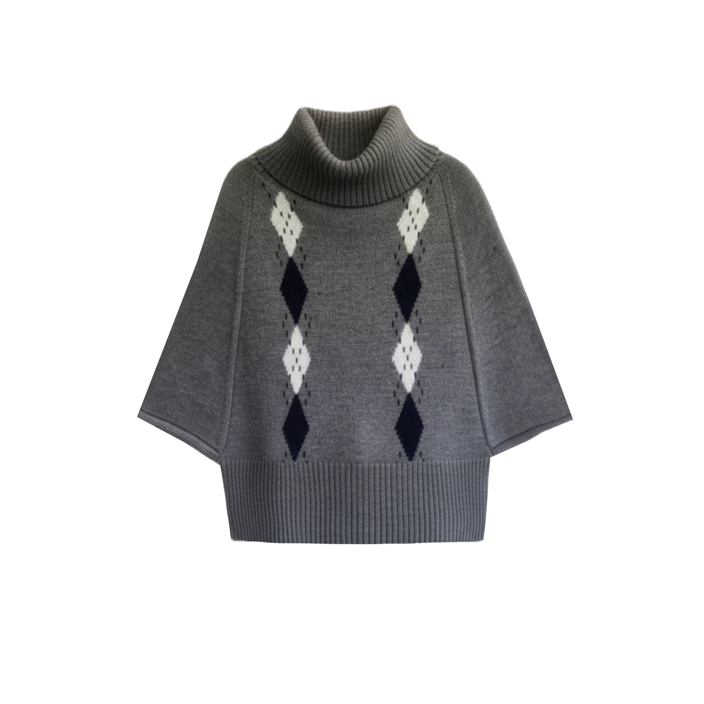 Retro Diamond Wool Knit Cape Sweater