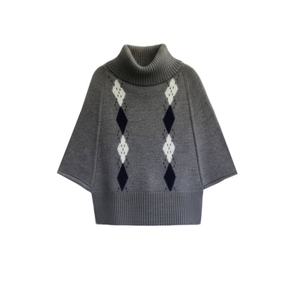 Retro Diamond Wool Knit Cape Sweater