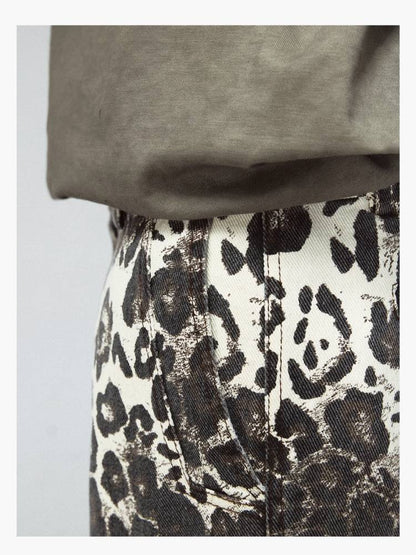 Leopard print multi-pocket casual pants