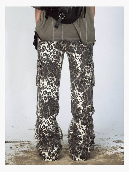 Leopard print multi-pocket casual pants