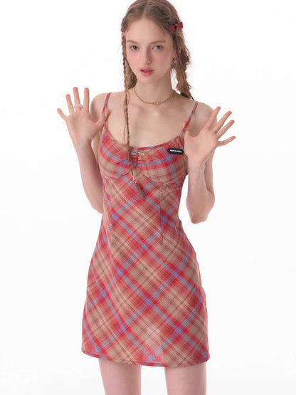 Retro plaid suspender dress