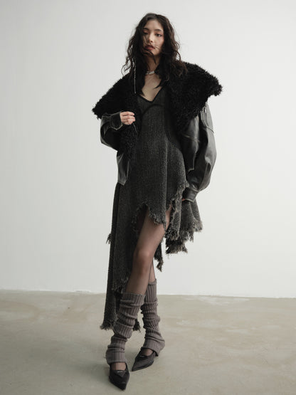 big fur collar PU leather jacket