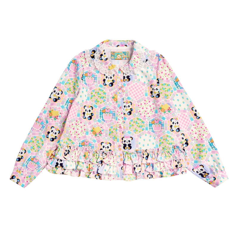 Patchwork Wind Print Sweet Ruffle Shirt