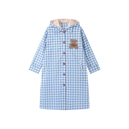 Blue Plaid Hooded Trench Coat