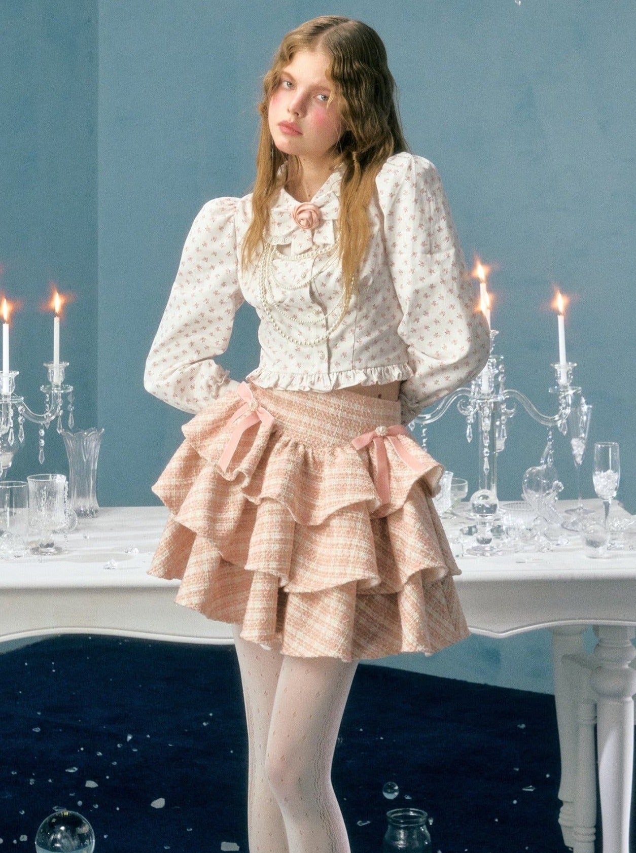 Sequins pearl bow tweed cake skirt