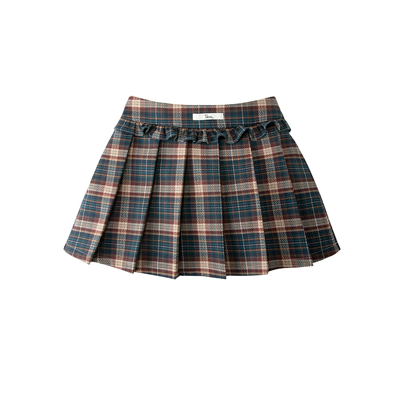 Vintage Plaid Ruffle A-Line Skirt