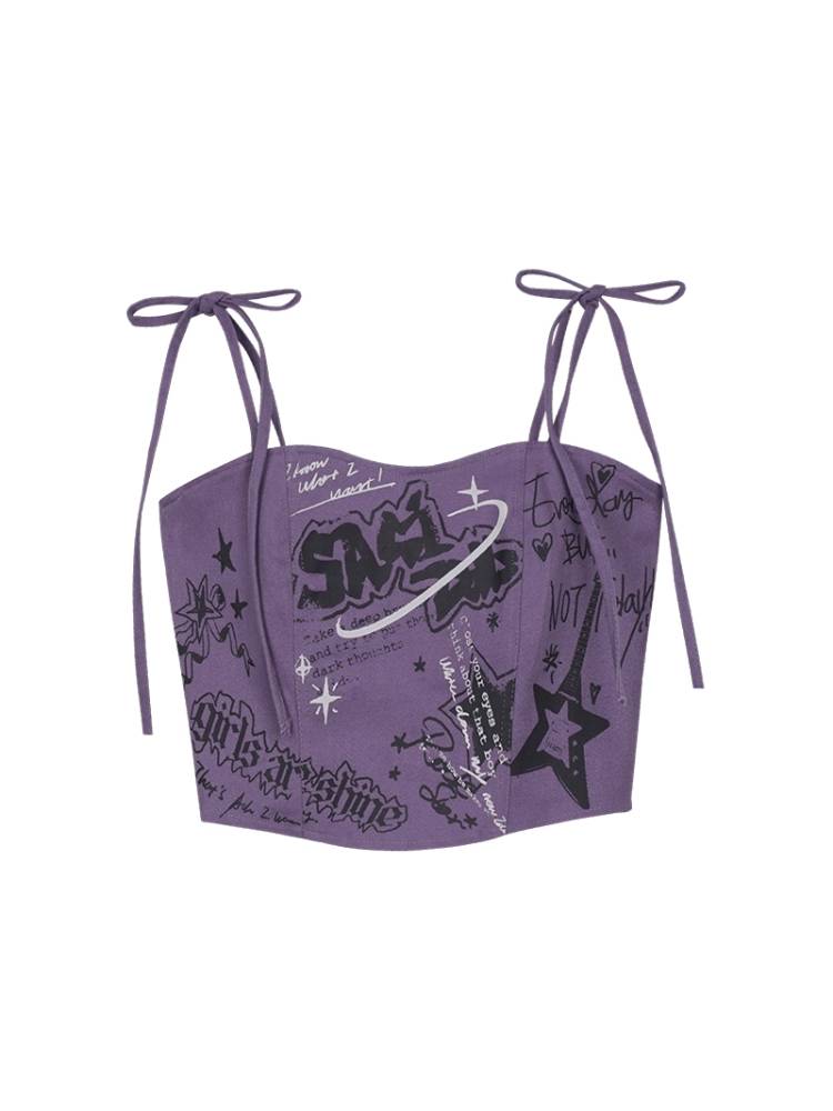 Suspenders graffiti print camisole