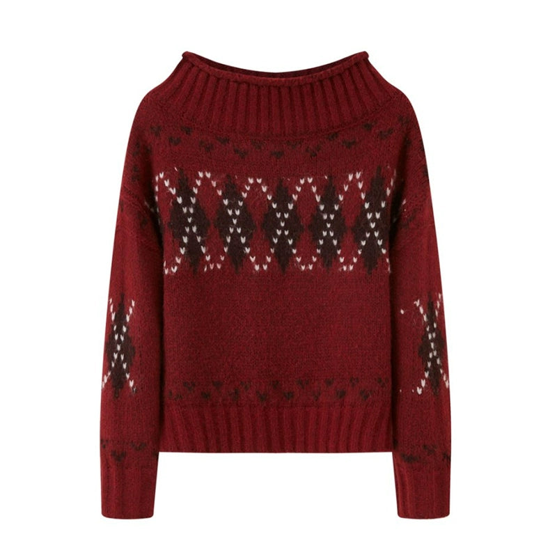 Thick Knit Argyle Off-Shoulder Top