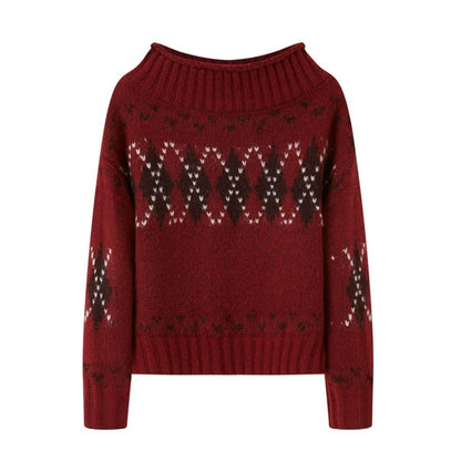 Thick Knit Argyle Off-Shoulder Top