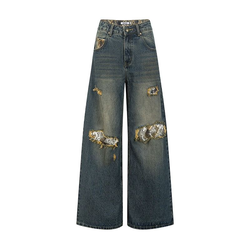 Retro Lace Detail Denim Jeans
