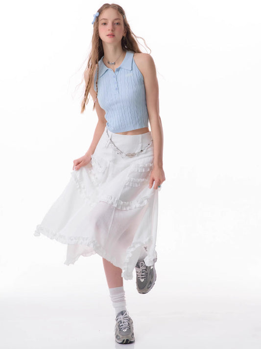 High waist slim lace white skirt