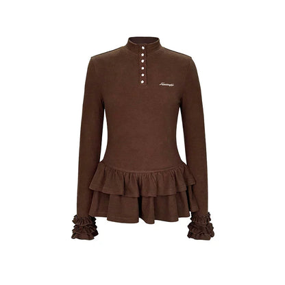 Six-Button Lace Hem Blouse Top