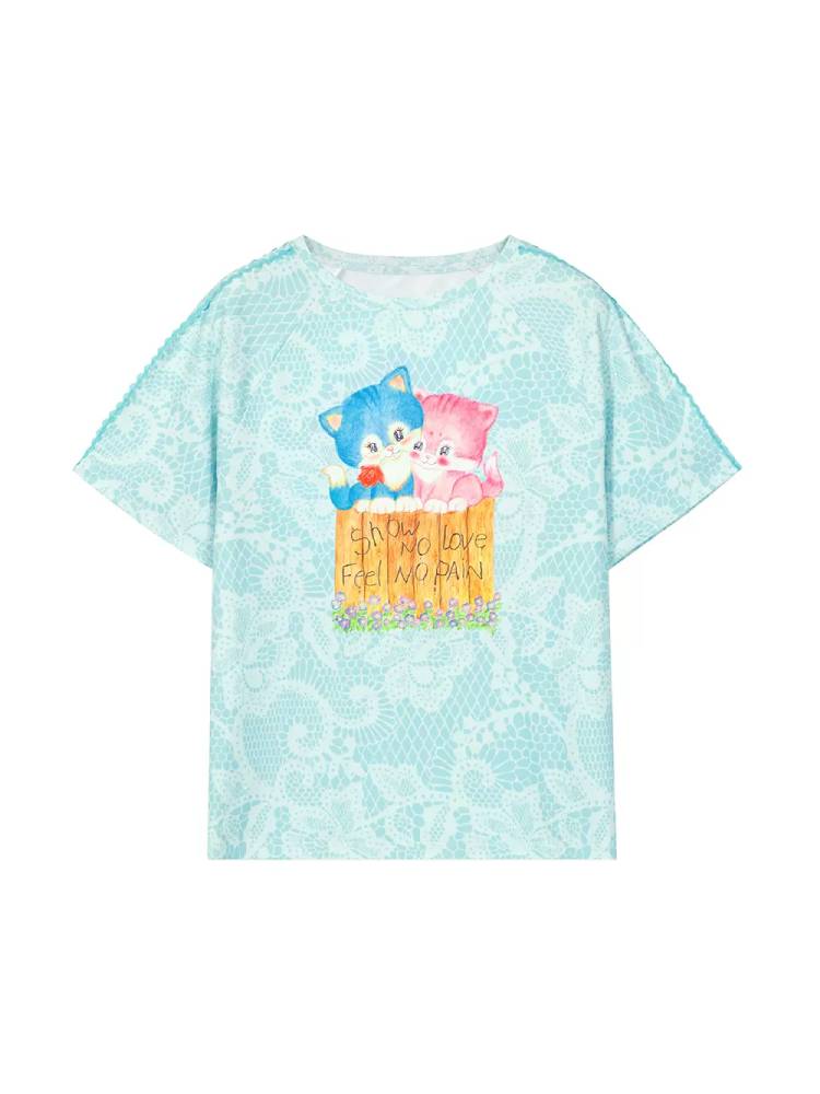 Kitten print off-shoulder tops and oversized loose T-shirts