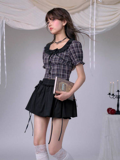 Plaid short puff sleeve shirt