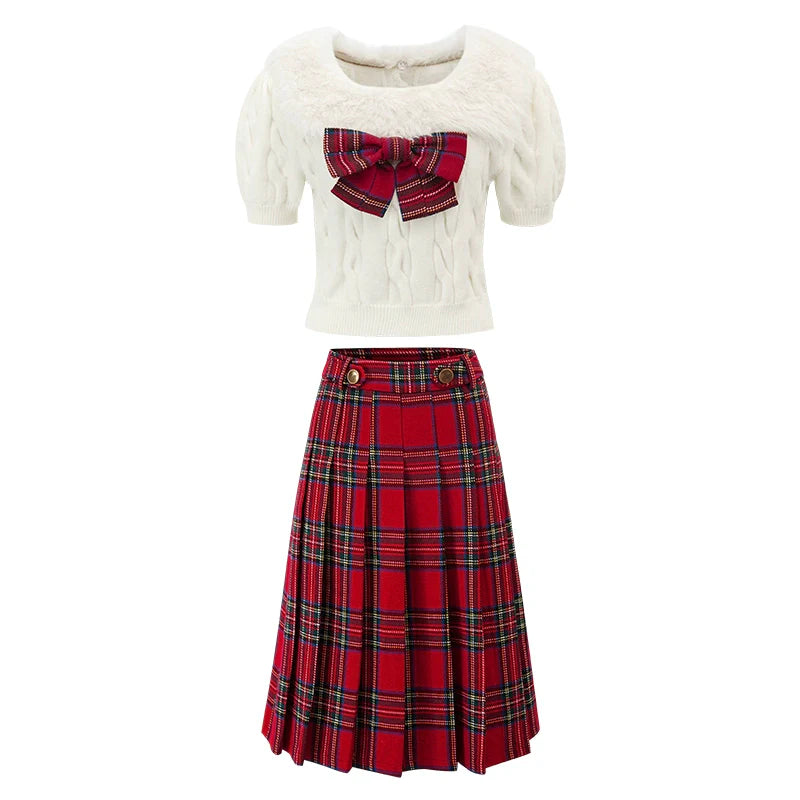 Fur Collar Tops Red Plaid Skirt 2-piece Set