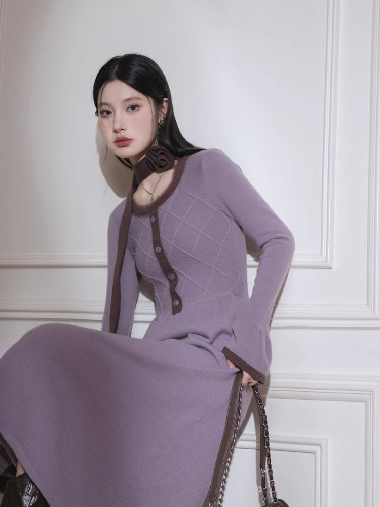 Brown U-Neck Diamond Wool Dress