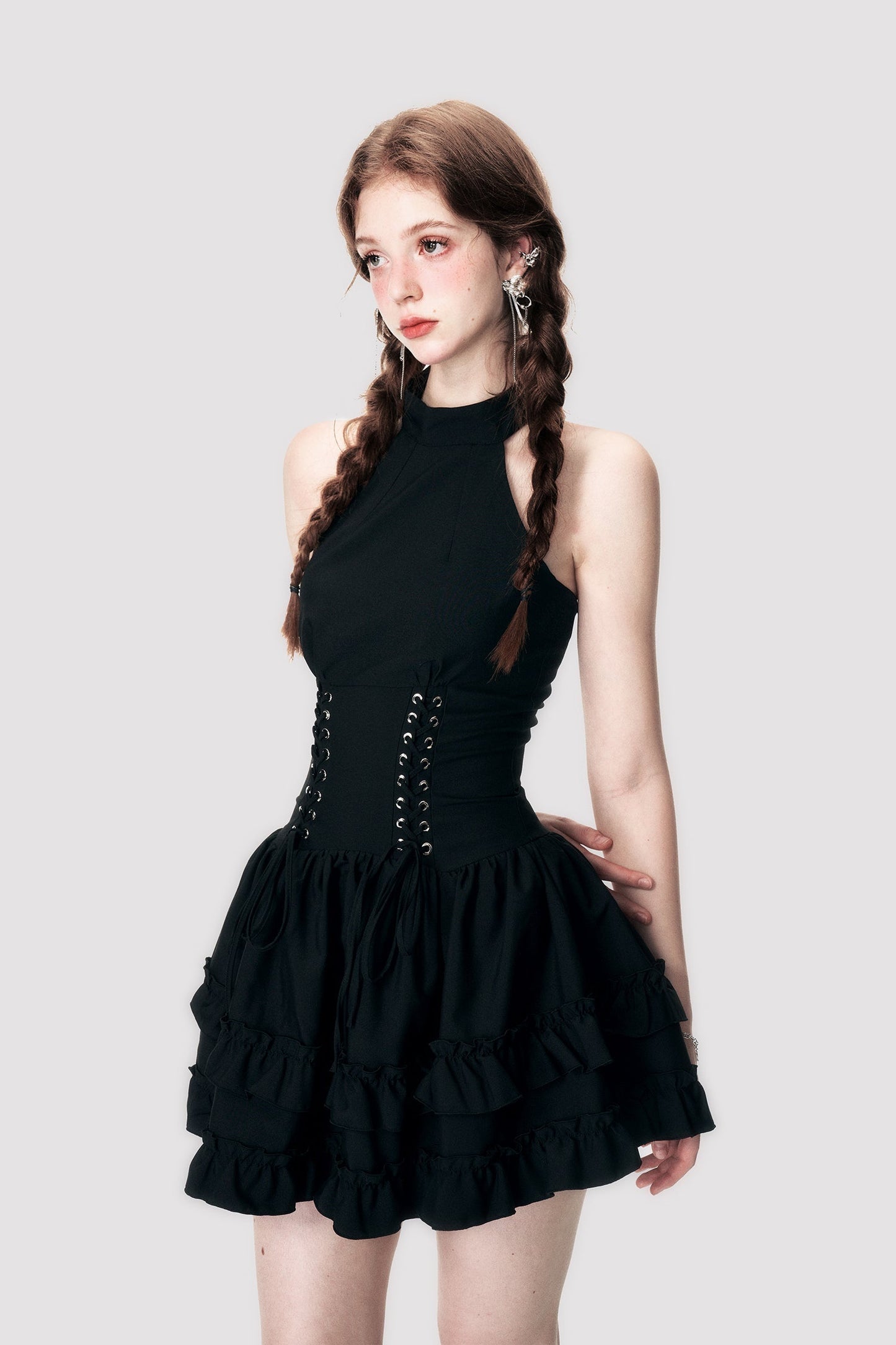 Halter Neck Lace-Up Ruffle Dress