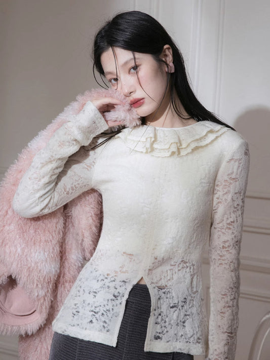 Wool lace ruffle tight shirt