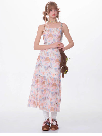 Printed sleeveless suspender dress